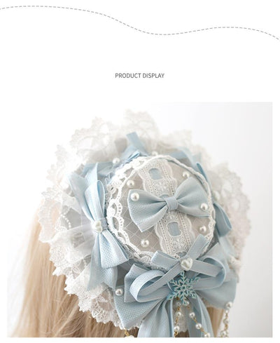 Xiaogui~Christmas Classic Lolita Lace Bow Ice Blue Bonnet   