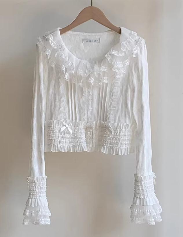 Morning Dew - Elegant Lolita Cardigan, Ruffle & Butterfly Pattern White Cardigan S