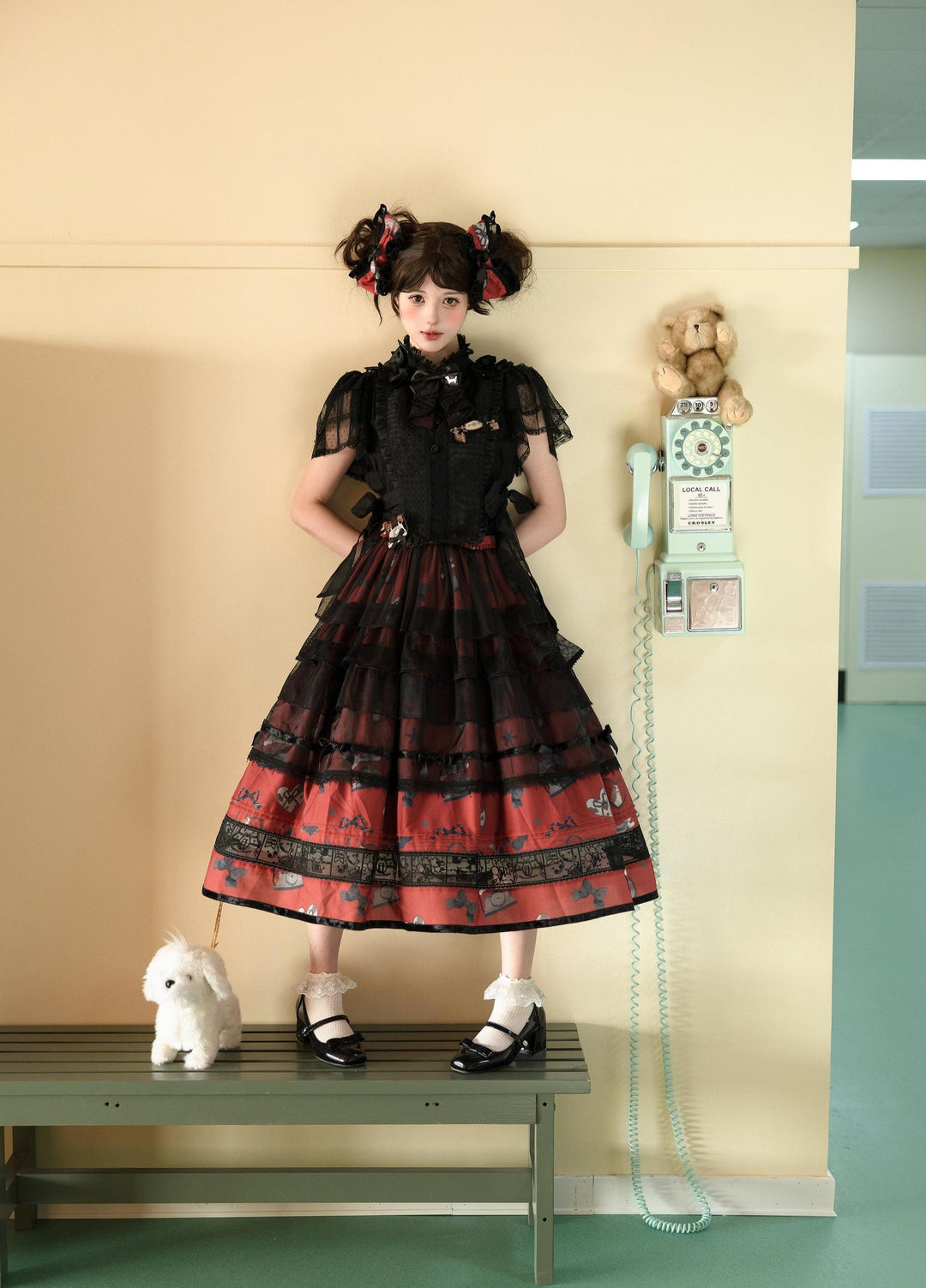 LittlePlum~Telephone Dog~Black Red Classic Lolita Dress Set with OP JSK and Skirt