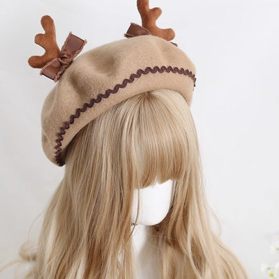 Xiaogui~Sweet Lolita Wool Deer Horn Christmas Beret M camel 