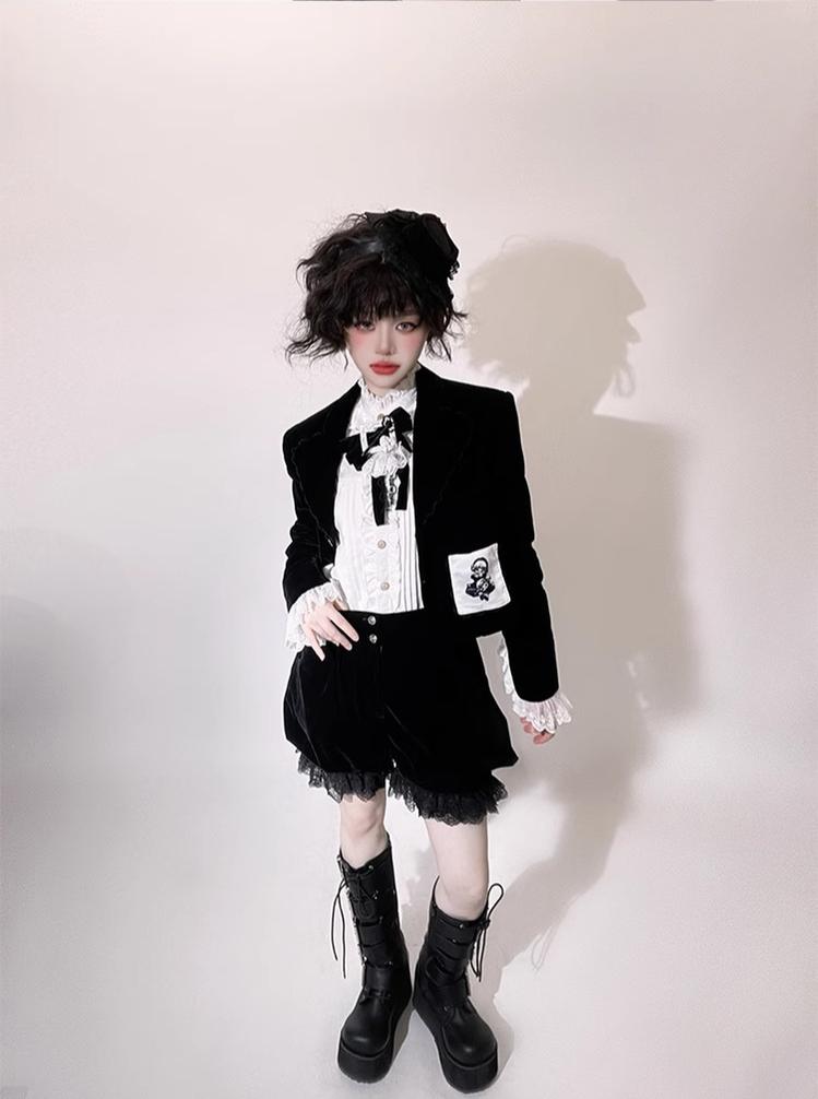 CastleToo~Erosion Heart F-Type~Ouji Lolita Suit Black Velvet Shorts and Skirt 40628:669918