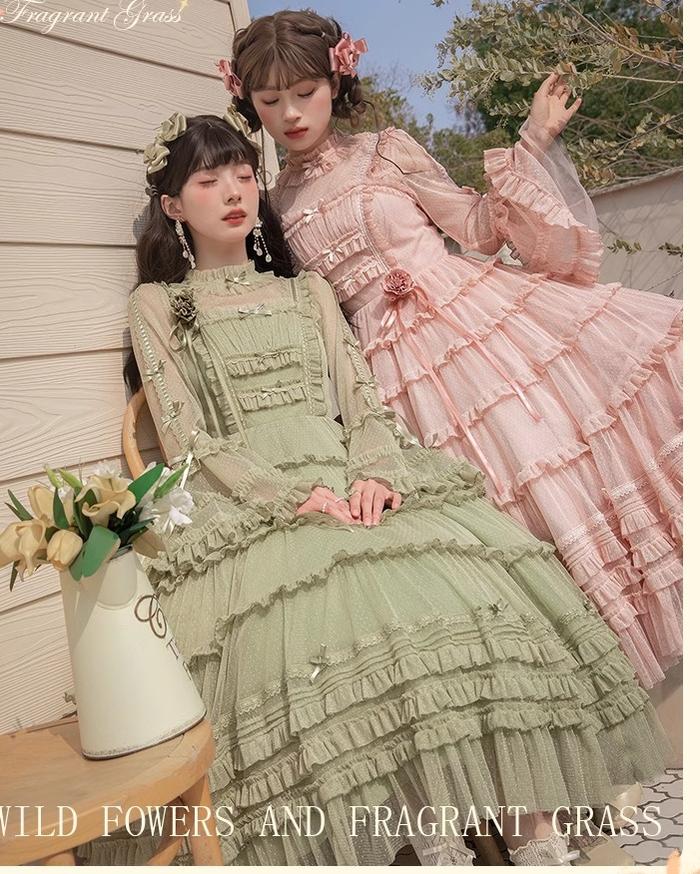 Flower and Pearl Box~Wild Flowers and Fragrant Grass~Country Lolita Dress Floral Print JSK and OP Dress Set 35380:486576