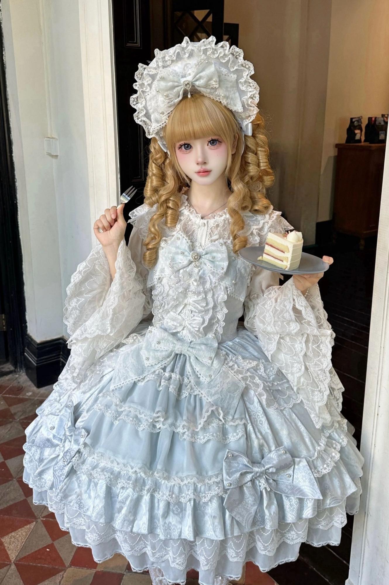 Slumbering Pearl Curtain - Sweet Lolita JSK Dress, Pearl Bows and Layered Lace 45780:862507
