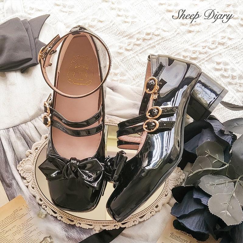(BFM)Sheep Dairy~Elegant Lolita Shoes Mid-Heel Square Toe 34 black (glossy shoe upper) 