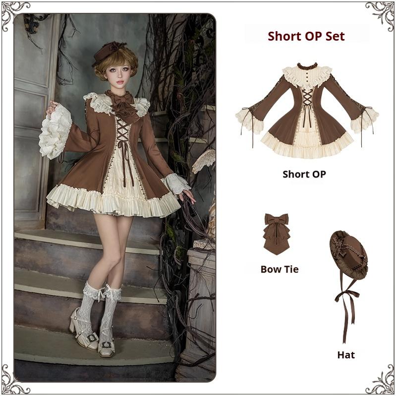With PUJI - Walnut Box - Classic Lolita OP Dress Suit, Flared Sleeve Short OP Set (long OP + bow Tie + hat) S