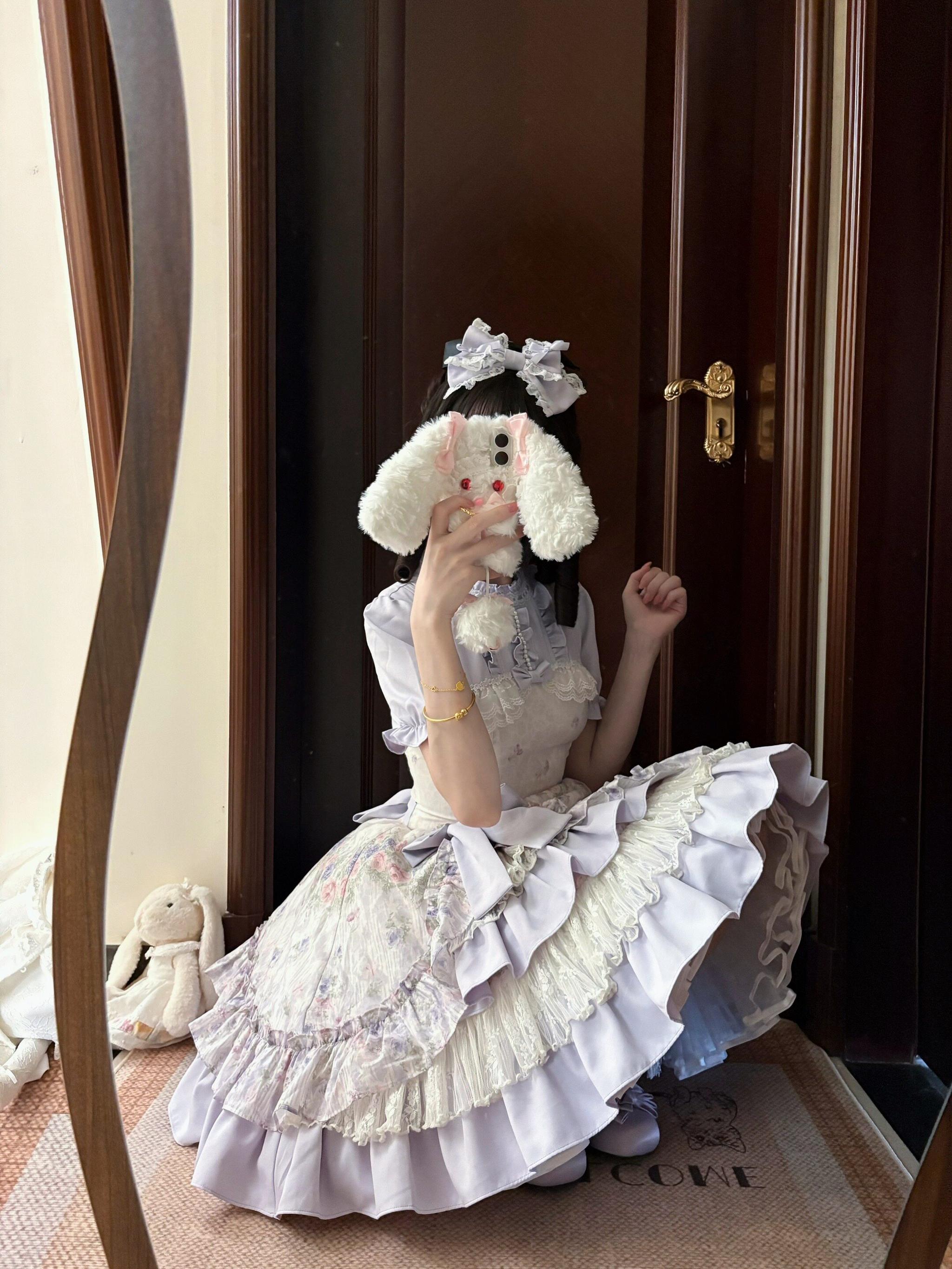 Yuri's Garden - Classic Floral Printed Lolita Dress with Lace 45541:852316