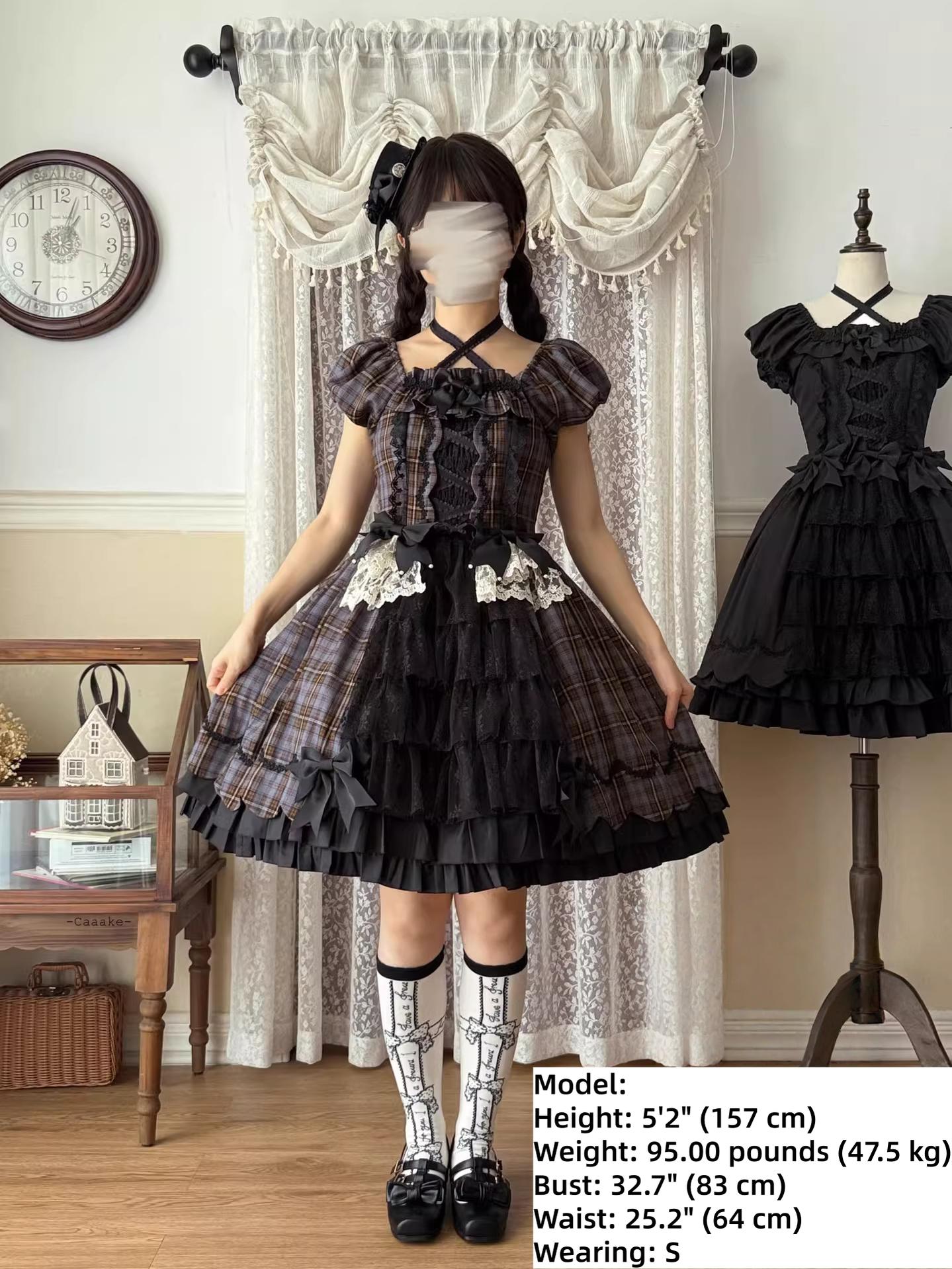 Plaid Petals - Old School Lolita OP Dress, Scalloped Hem