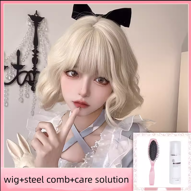 Alicegarden - Sweet Lolita Wigs Short Curly Platinum Color Wigs platinum wig + a hairnet + small steel comb
