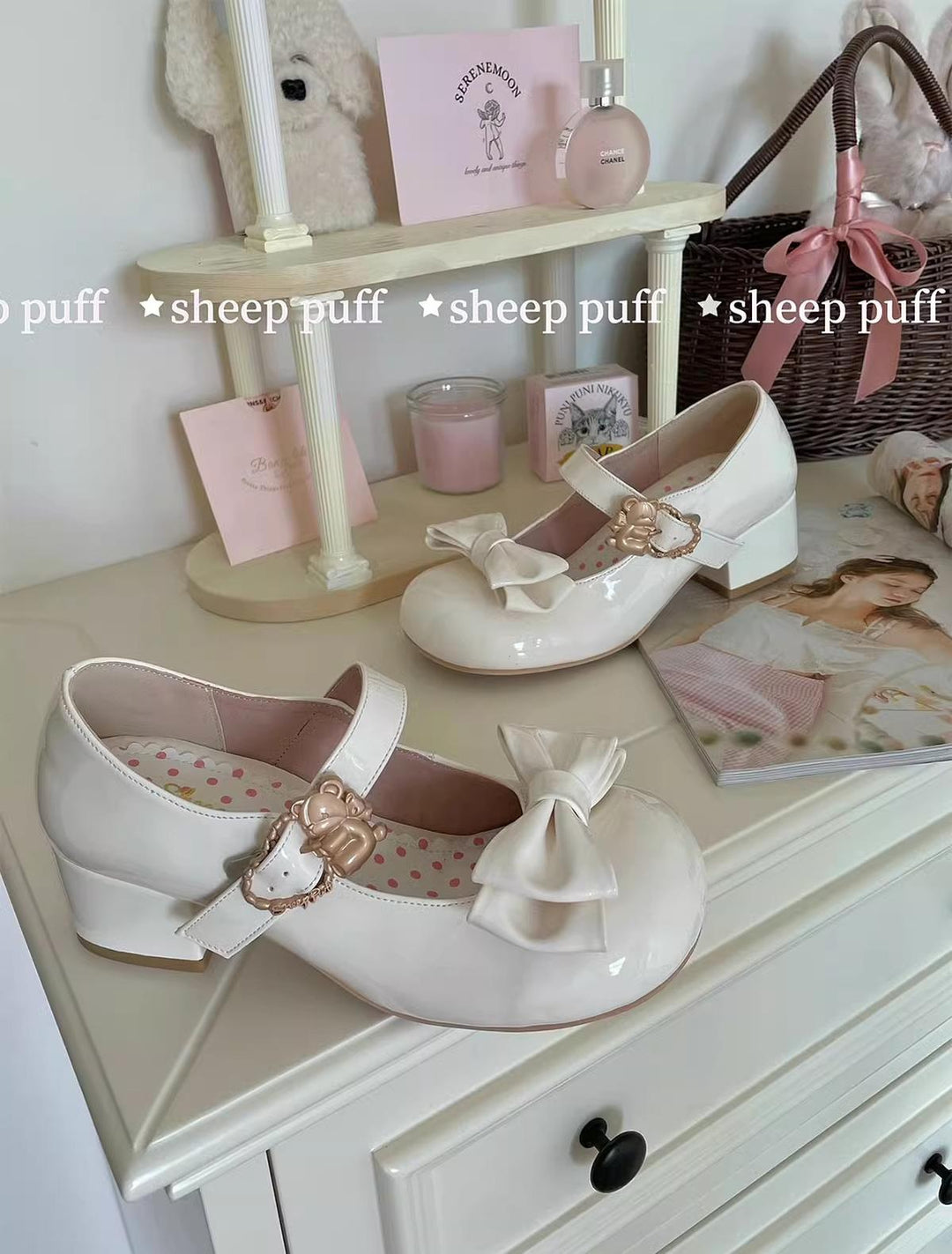 Sheep Puff~Hug Bear~Sweet Lolita Heel Shoes Bear Metal Buckle Bow Shoes 35 Patent Leather White - Mid Heel 