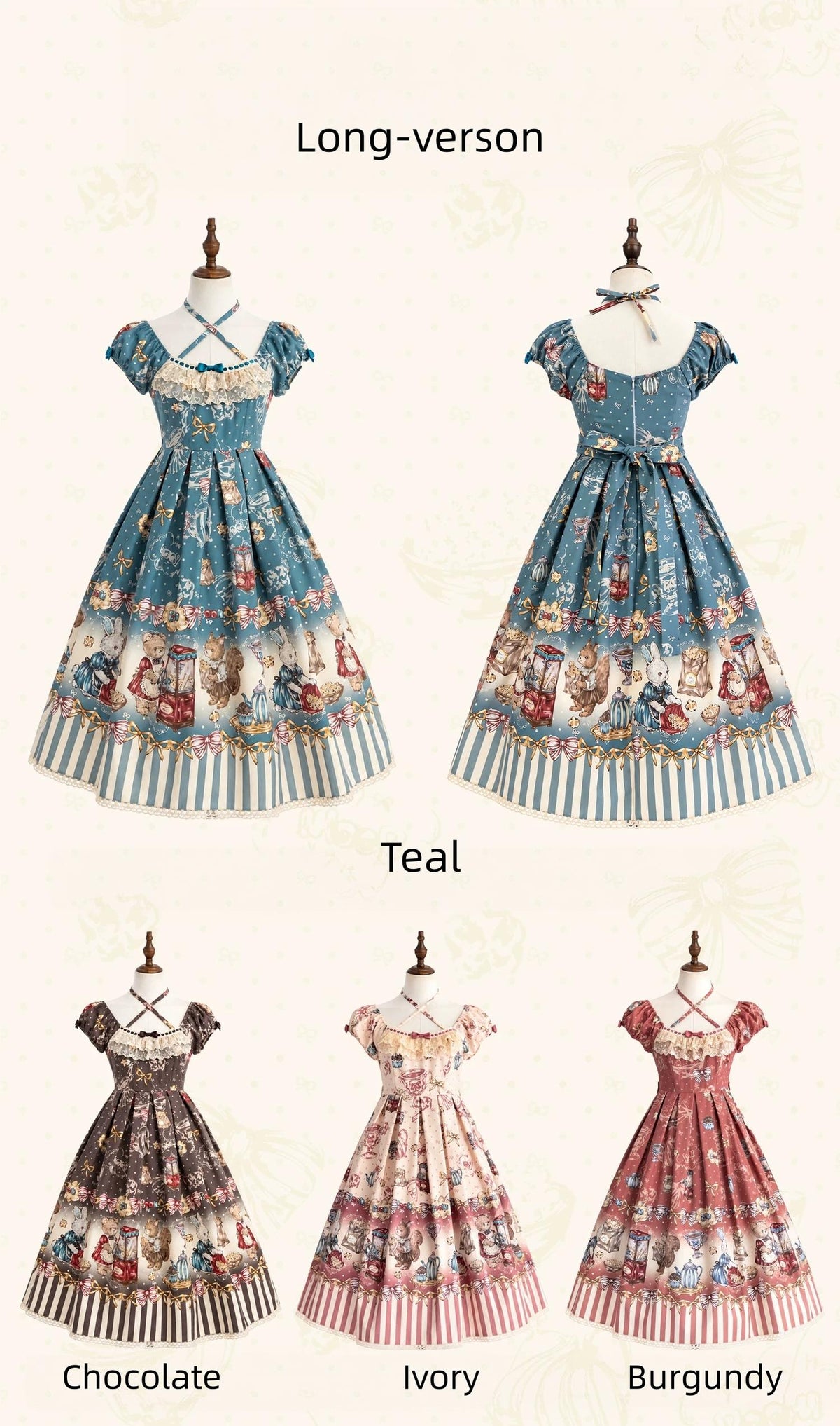 Popcorn Bear - Sweet Lolita OP Dress Set, Bear Tea Party Print (Burgundy Chocolate Ivory Teal / L M S XL XS) 45994:871437