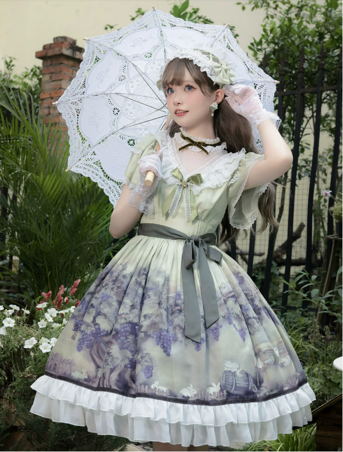 Grape Manor - Back Zipper Classic Lolita OP Dress, Bunny and Grape Print