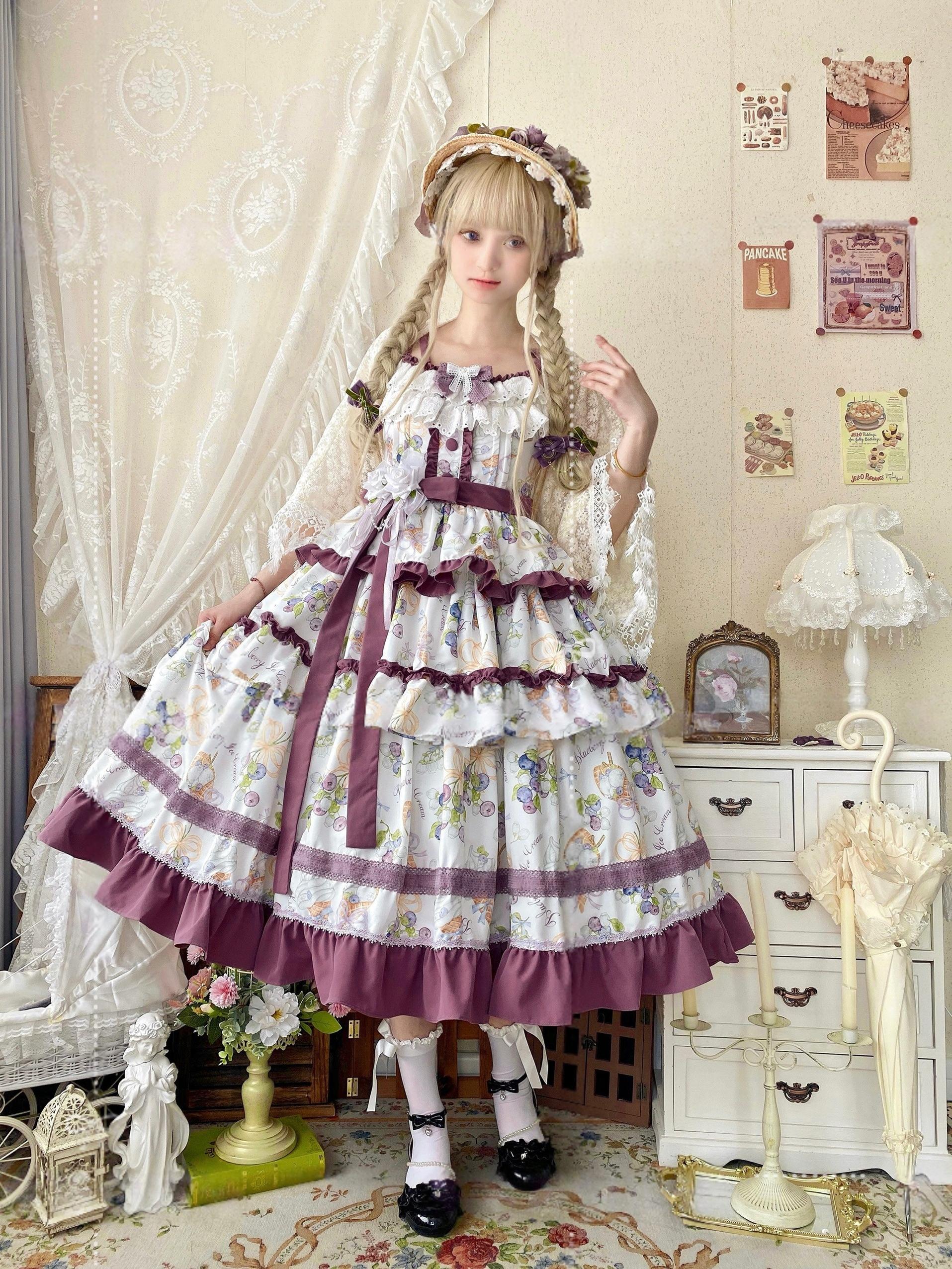 Qianmu - Blueberry Midsummer - Country Lolita Tiered JSK, Blueberry Print 44322:805667