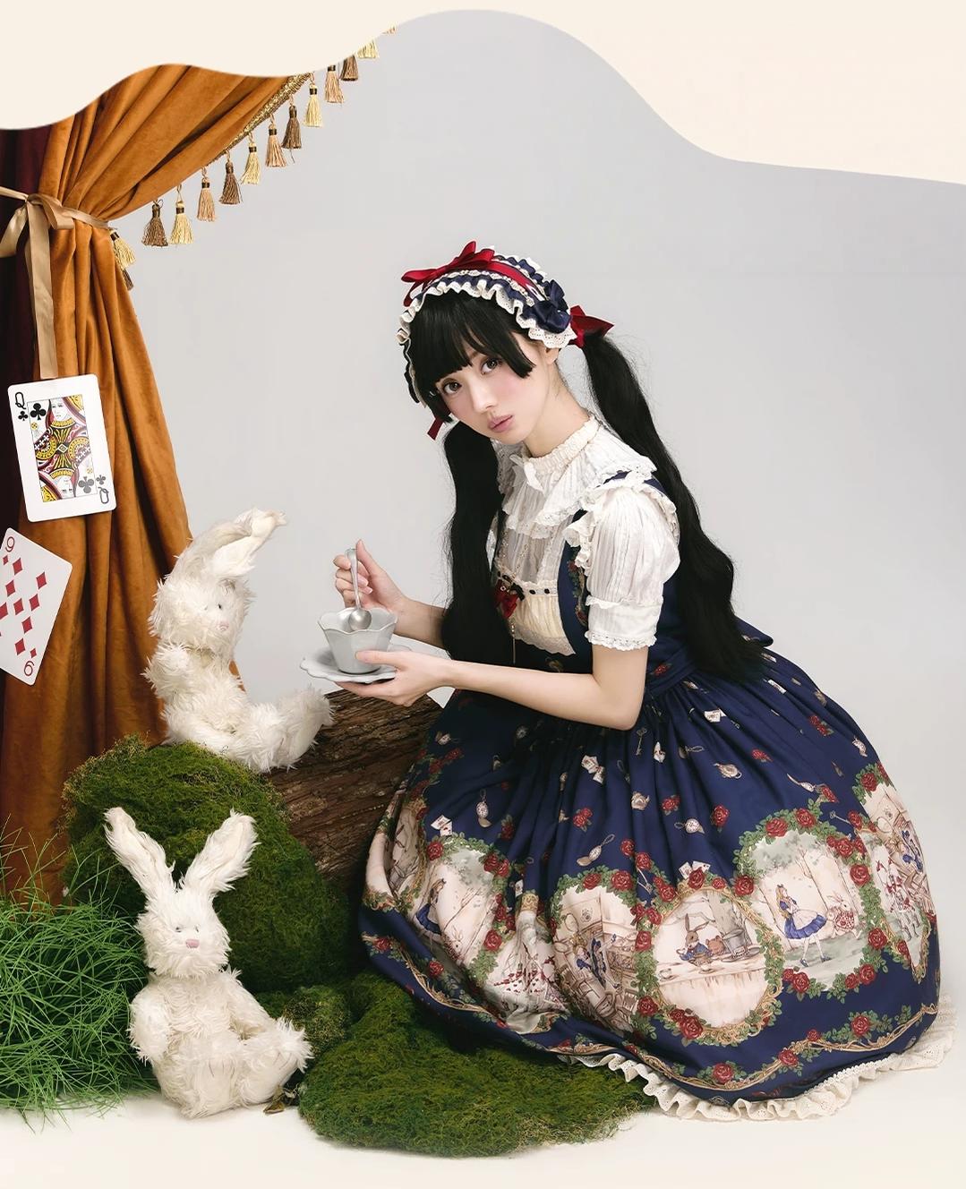 Down the Rabbit Hole - Daily Wear Classic Lolita OP & JSK Dress, Alice in Wonderland Print 46008:872003
