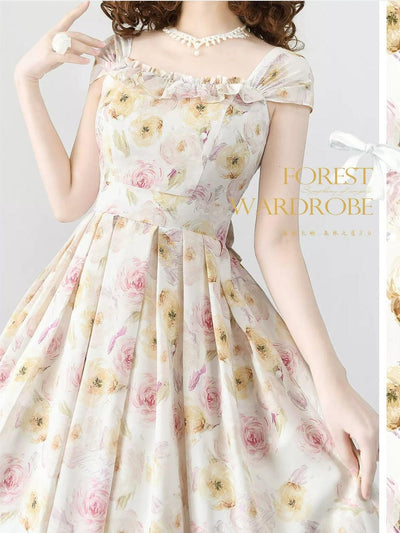 Forest Wardrobe~Forest Basket 3.0~Vintage Lolita JSK Dress Summer Thin Dress S yellow peach rose 