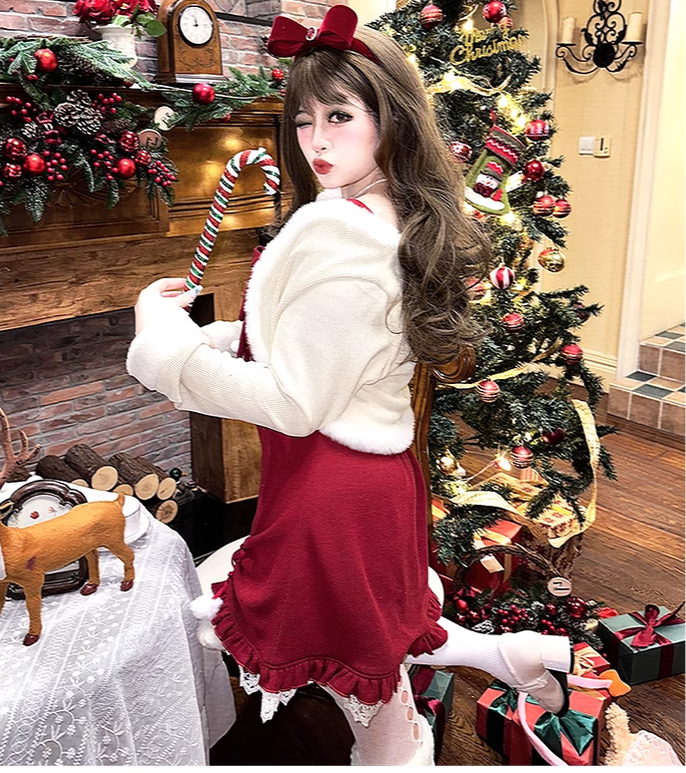 Yingtang~Plus Size Lolita Dress Red Strappy Sweet Cardigan   