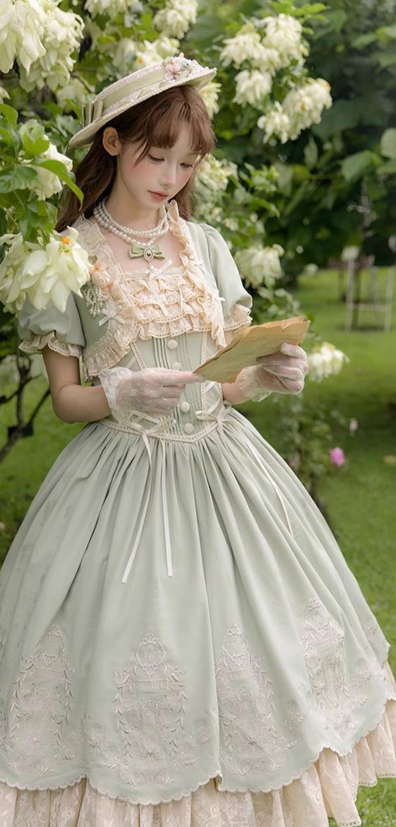 Amber Realm - Dream Strings - Embroidered Classic Lolita OP Dress, Princess Sleeves