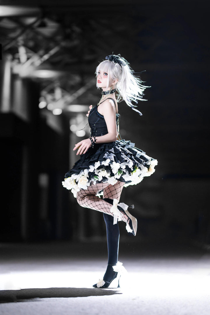 Sky Rabbit~Floral Lolita Petticoat with Detachable Trim Black X White Free size Double-layer Petticoat - 35 cm (2 petticoats included)