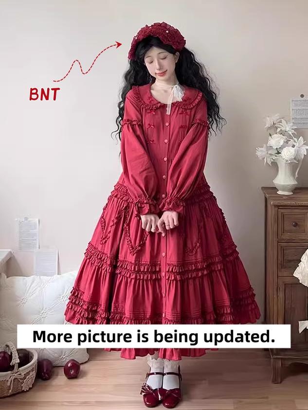 Bunny Magic Forest - Loving Bunny - Elegant Lolita Long Sleeve Trapeze OP, Tiered Skirt (Blue Pink Purple Red / L M S XL) 44362:806296