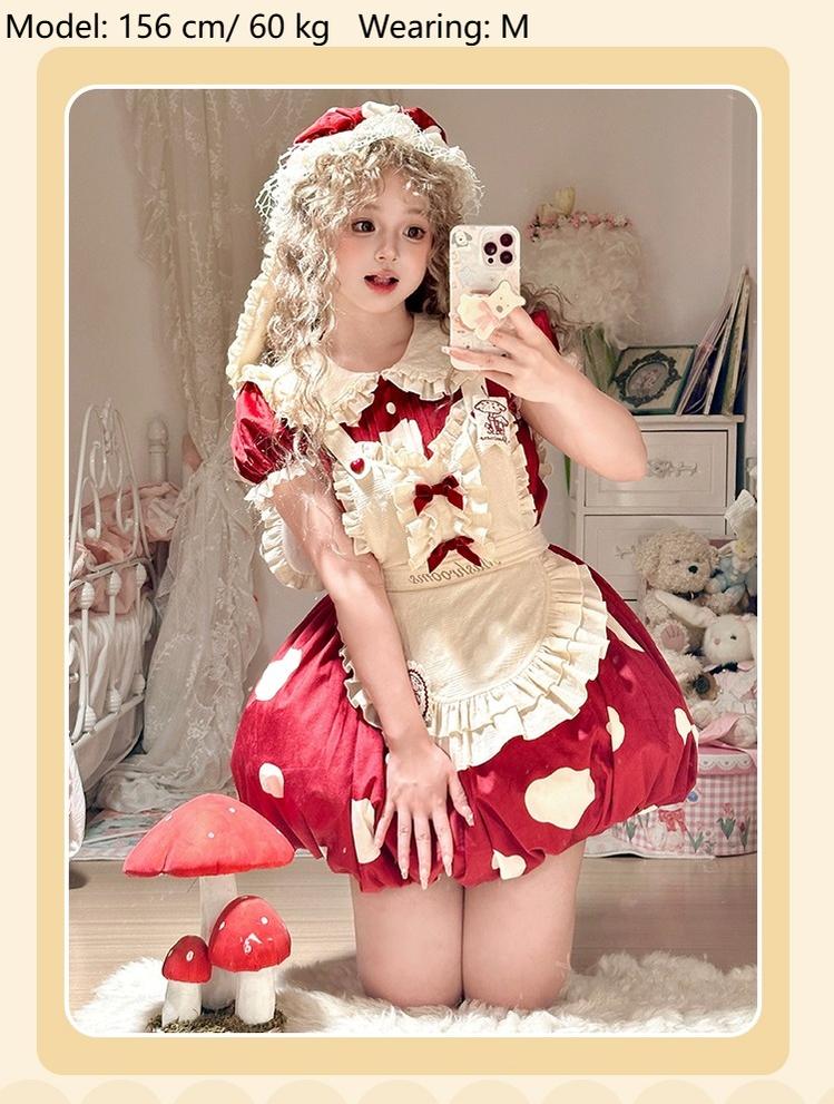 Sakurahime~Mushroom~Kawaii Lolita OP Dress with Apron and Detachable Sleeves