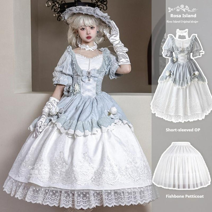 Rose Island~Fairytale Dance~Princess Lolita OP Halter Neckline Dress Short-sleeved OP + fishbone petticoat S