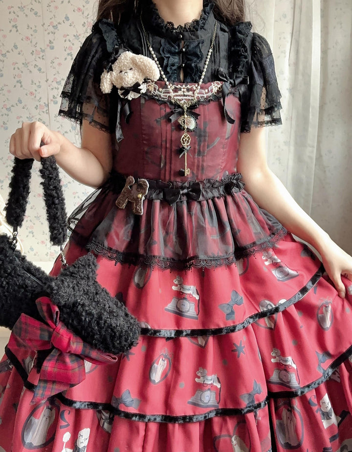 LittlePlum~Telephone Dog~Black Red Classic Lolita Dress Set with OP JSK and Skirt