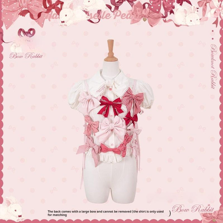 Mademoiselle Pearl~Bow Bunny~IP Collab Sweet Lolita OP Dress Bow JSK OP XS Embroidered Print Multiple Bow Strap Top 