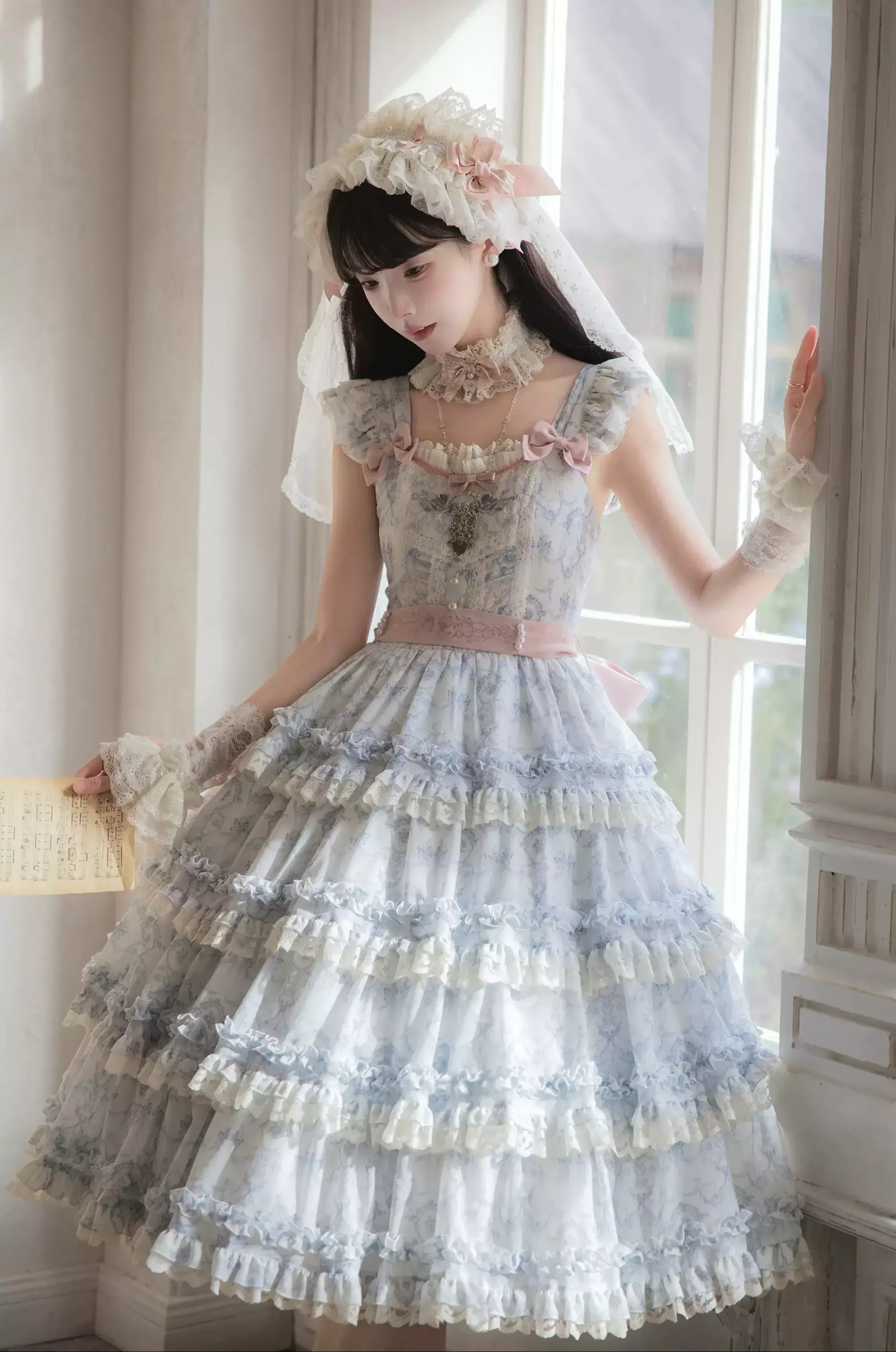 Rose Fragrance - Classic Lolita Lace JSK & OP Dress, Rose & Perfume Bottle Print 45850:865597