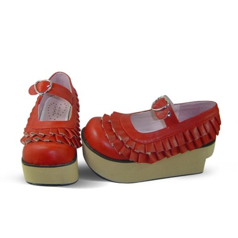 Antaina - Sweet Lolita Platform Shoes Lotus Leaf Edge Multicolor 35 Red Matte [9cm at the back 7cm at the front]