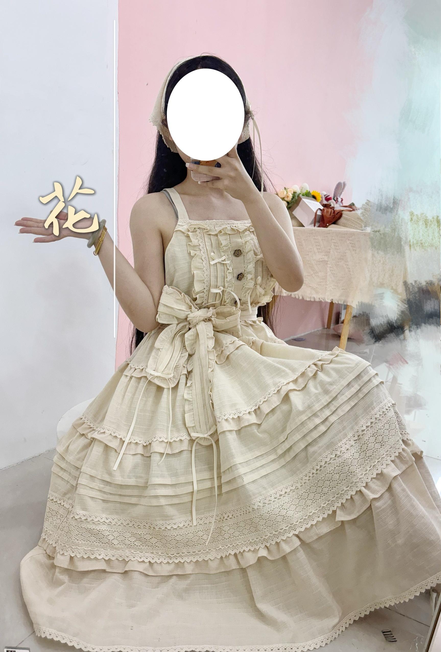Qianmu - Summer Floral Tea - Country Lolita Cotton Jumper Dress Burlap Dress S Jasmine (beige)