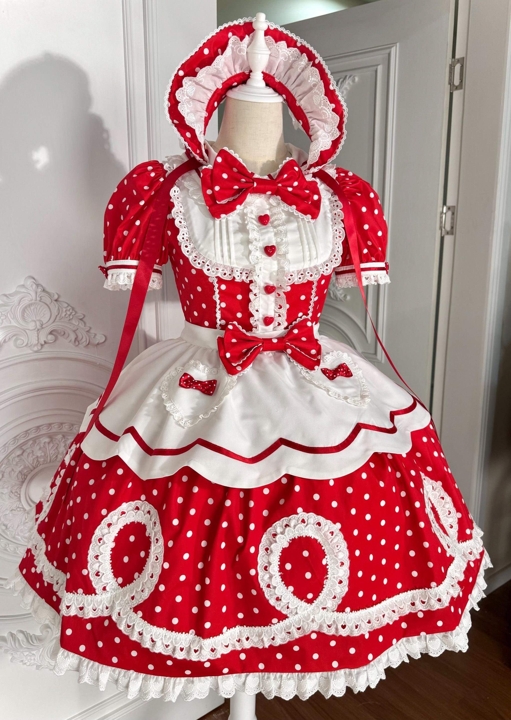 Candy Shop Manager - Old School Lolita Striped OP Dress, Detachable Apron Red - OP (with apron) S