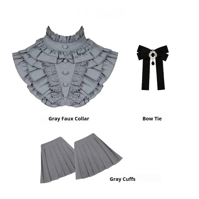 Old Covenant - Classic Lolita Jacquard OP Dress, Petal-Shaped Boned Waist Gray Faux Collar + Bow Tie + Gray Cuffs S