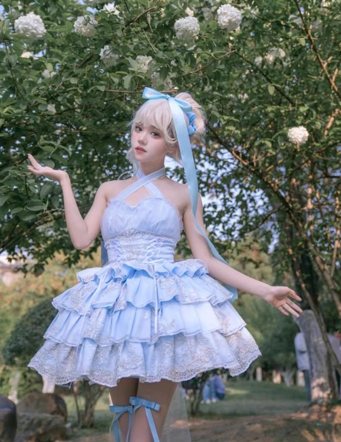 Daydream Whisper - Endless Summer - Bridal Wedding Lolita JSK Open-Back Dress Blue - short dress only (without overlay) S