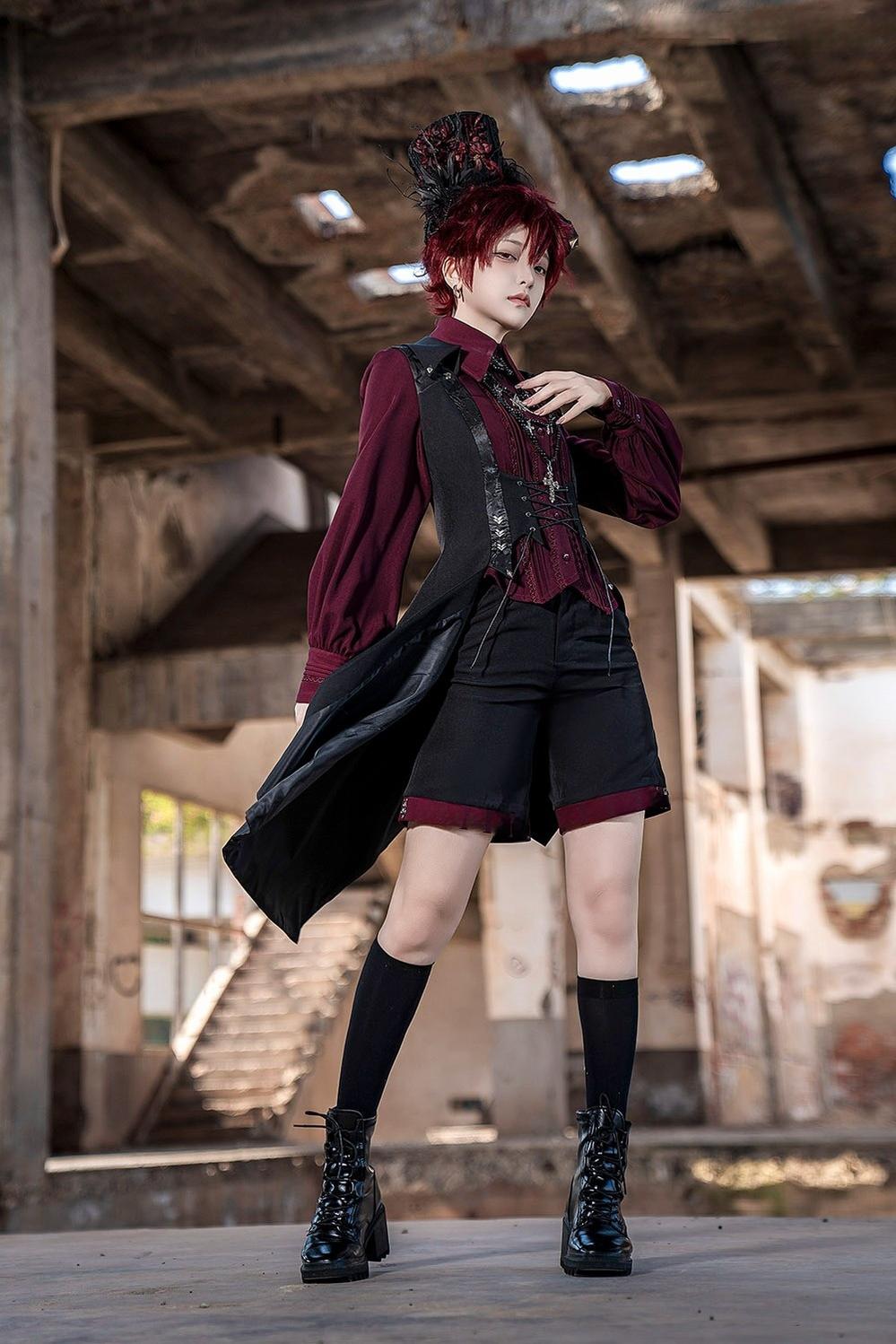 Princess Chronicles - Red and Black 4.0 - Ouji Lolita Shorts Outfit Long Vest Prince Blouse