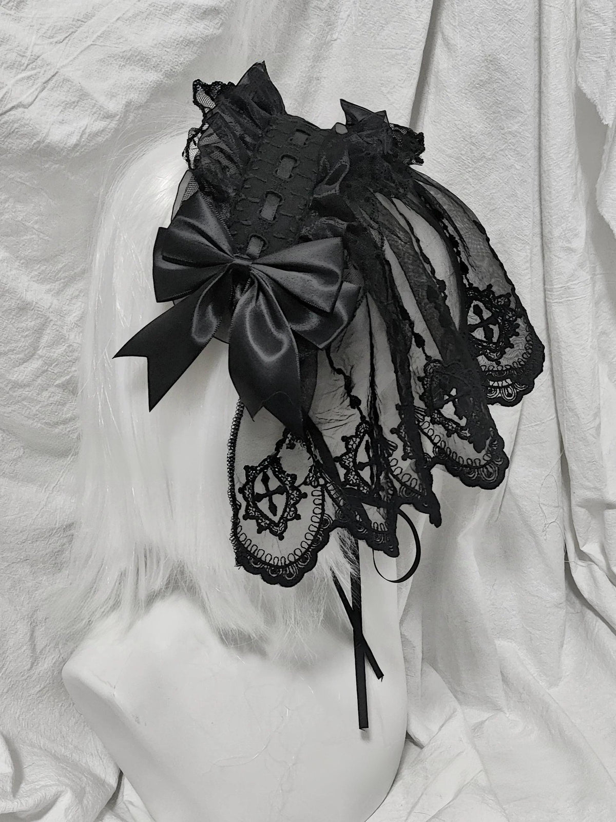 Halloween Gothic Lolita Lace Veil Hairband, Cross Embroidery 46006:872102