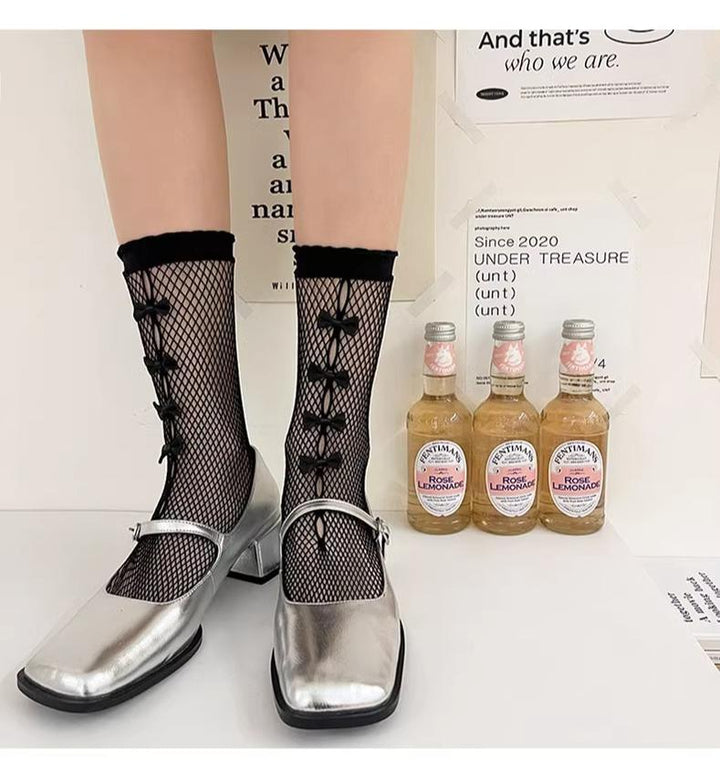 WAGUIR~Lolita Socks Hollowed Bow Mid-tube Thin Socks   