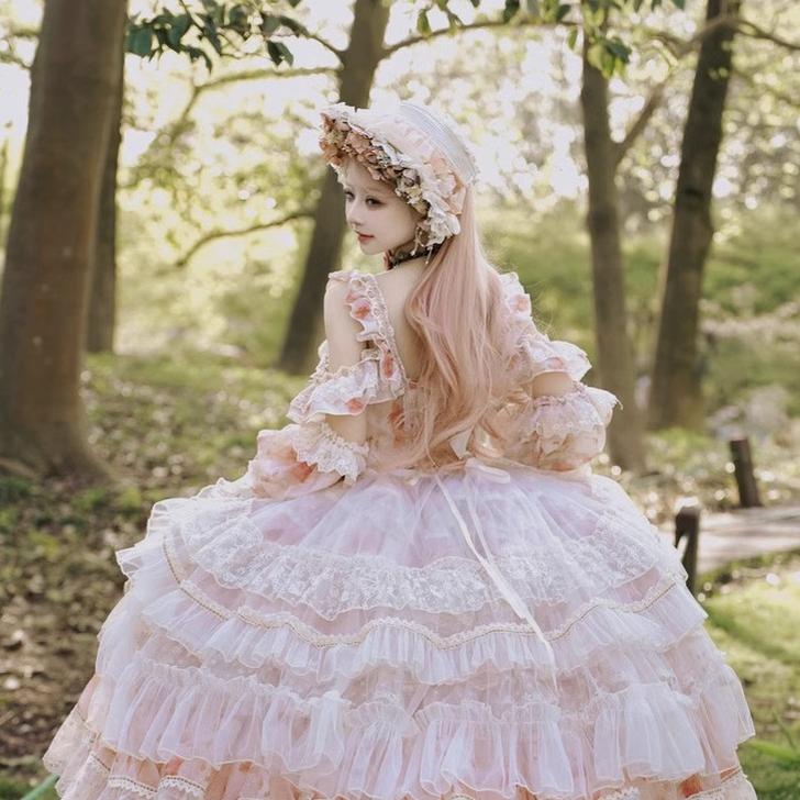 Cat Fairy~Rose Letter~Wedding Lolita Princess Dress Floral Printing Flounce Hem   