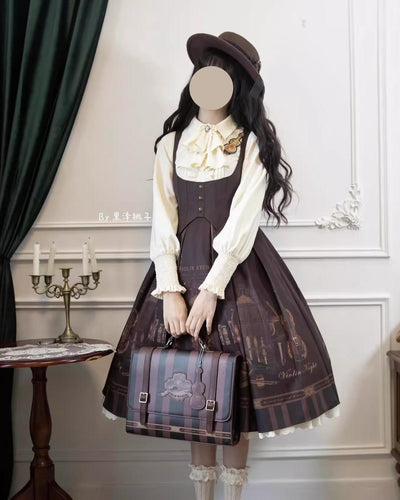 Alice in Wonderland~The Dream of Violin~Retro Lolita Dress Violin Print JSK and OP Dress Set S Violin bag 