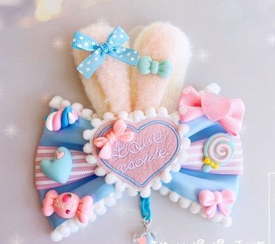 (Buy for me)Sweetheart Endless~Sweet Lolita Lace Rabbit Ears Cuffs Multicolor a blue-pink heart badge (not cuff)  