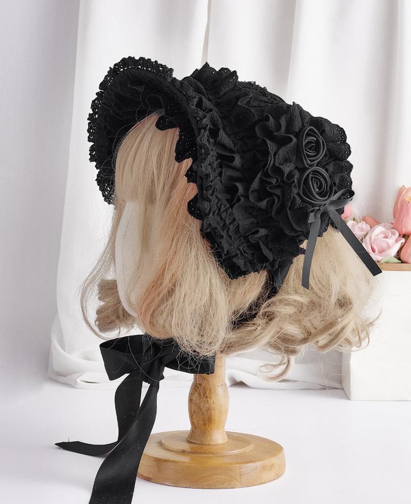 Classic Lolita BNT Headdress, Lace & Rose Black BNT