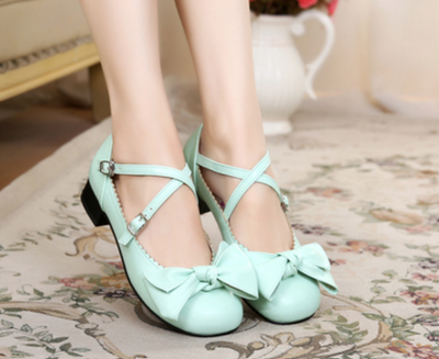 Sosic~Bow and Low Heel Cross Band Lolita Leather Shoes 34 mint green 