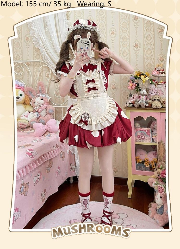 Sakurahime~Mushroom~Kawaii Lolita OP Dress with Apron and Detachable Sleeves