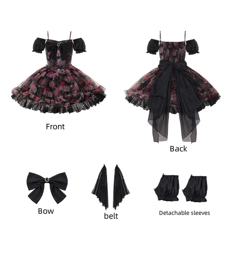 With PUJI~Flower OP~Classic Lolita OP Dress Manchurian Flowers Prints Dress S OP with Bow Tie + Waist Tie + Detachable Sleeves 