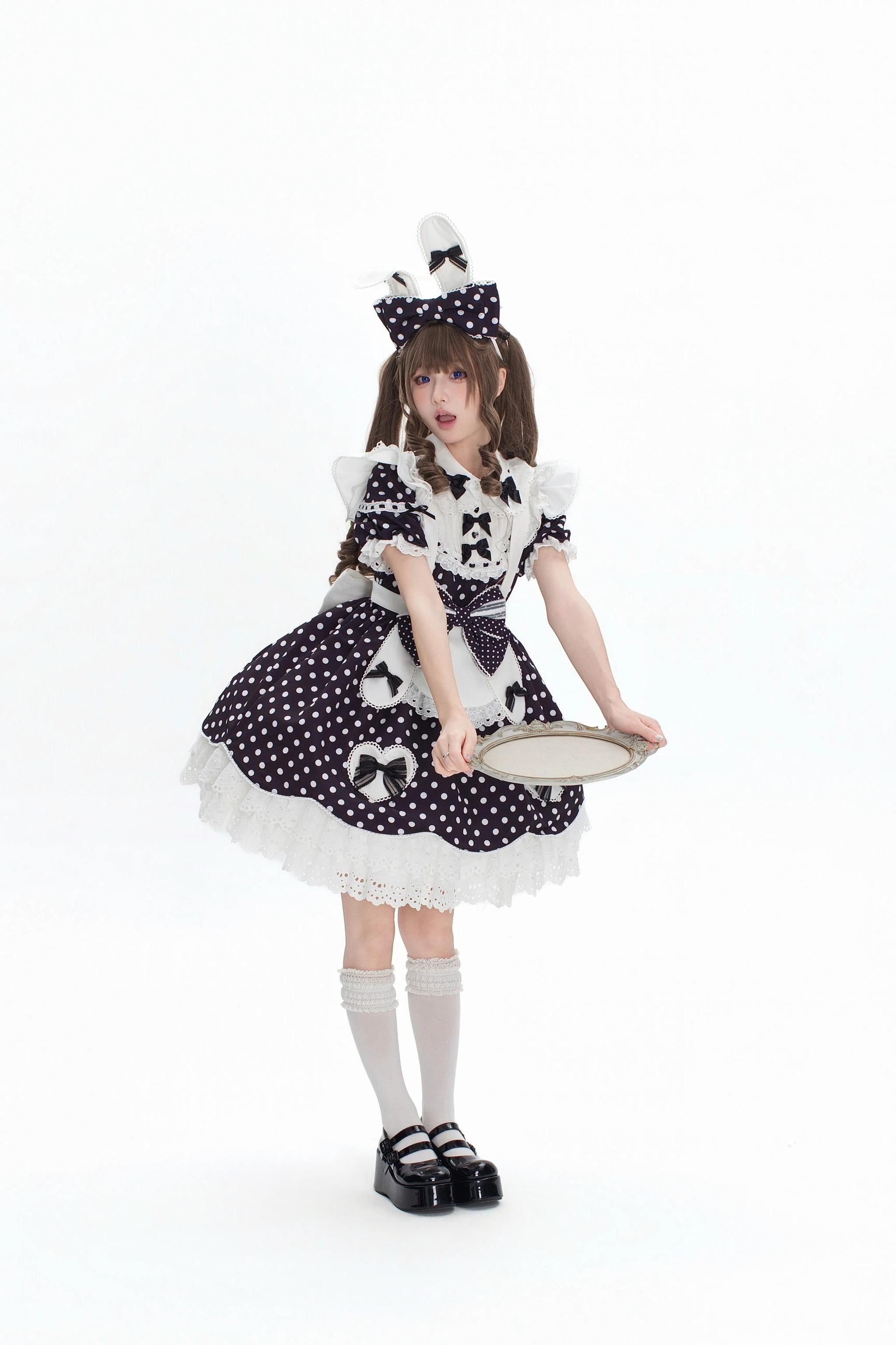 Bunny Kissaten - Four Colors Old School Lolita Polka Dot OP, Bunny Ear Apron 45824:864357
