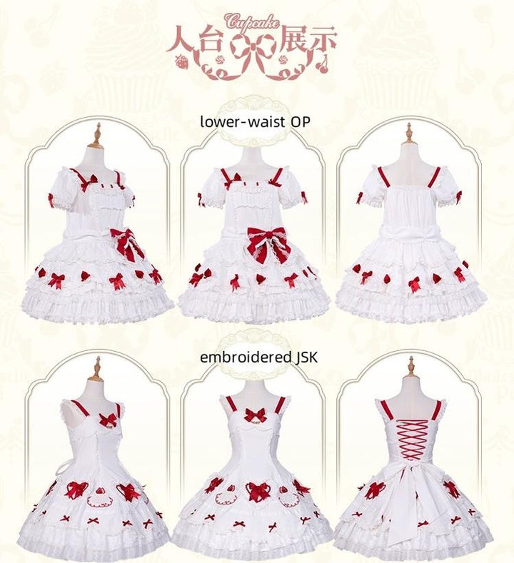 Mademoiselle Pearl - Cup Cake - White, Red Bow, Sweet Lolita Dress Set 43333:773902
