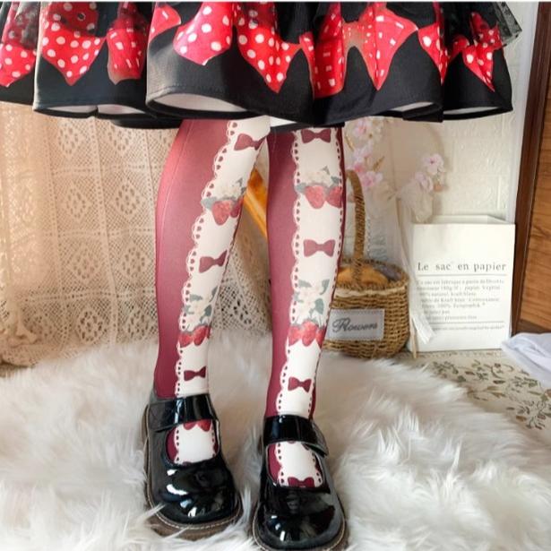 Roji Roji~Strawberry Bow~Print Llita Pantyhose Strawberry Bow 120D Velvet Tights   