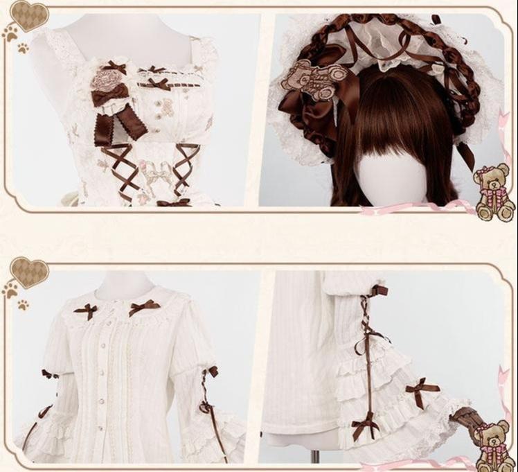 Antique Teddy Bear - Classic Lolita Printed JSK Dress with Ribbon Bows 45538:853336