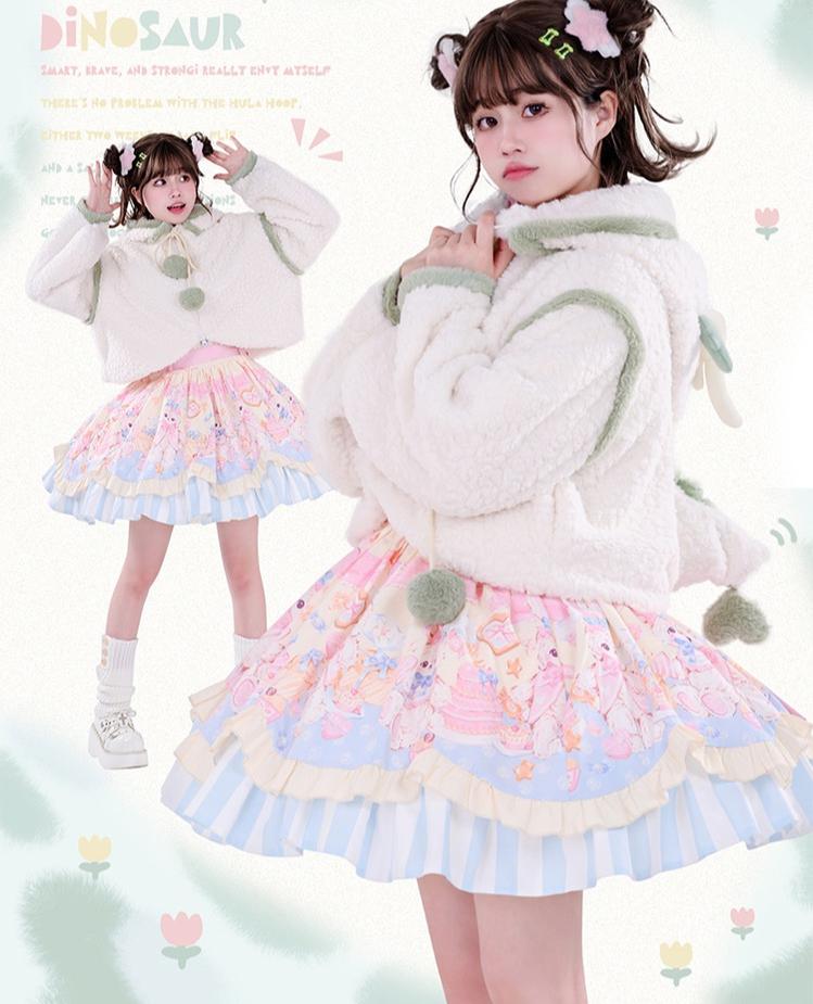 Mewroco~Little Green Dragon~Cute Lolita Coat Plush Short Winter Coat L Little Green Dragon Plush Coat 
