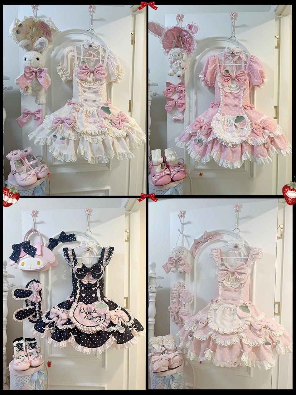 Salty Cream - Strawberry Polka Dot - Sweet Lolita OP Dress, Detachable Apron