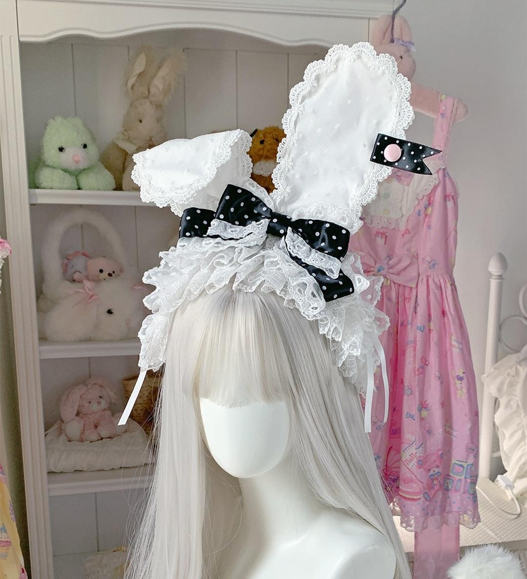 Kawaii Lolita Bunny Ear Hairband, Polka Dot Bow