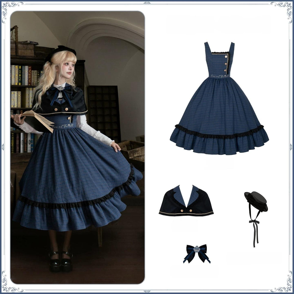 Heide Diary - Classic Lolita Blouse & JSK Dress Set, Blue Plaid (L M S) 46119:875723
